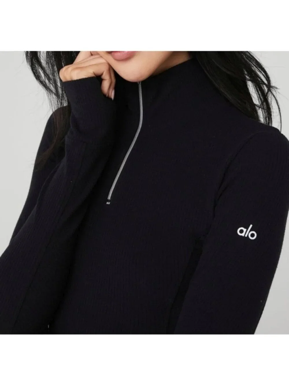 Alo Rise Up Long Sleeve Bodysuit Black Mock Neck Zip-Up Turtleneck Stretchy Rib